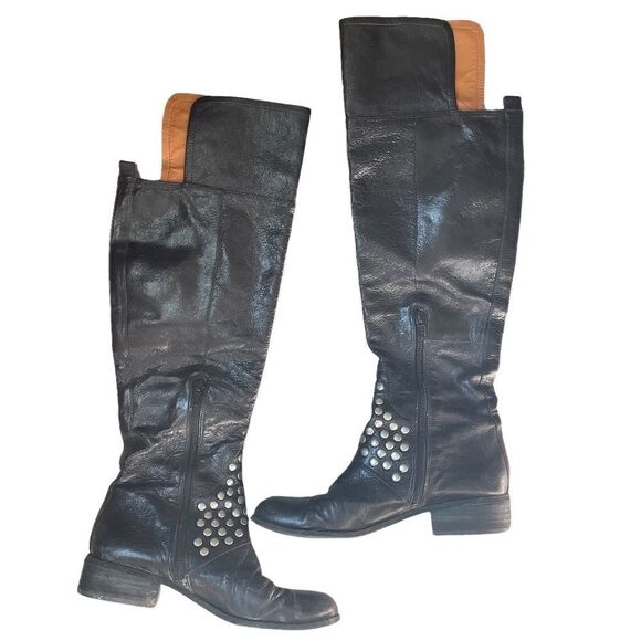 𝅺NINE West Vanickson Black Leather Tall Studded Boots SZ 6 - Picture 5 of 16